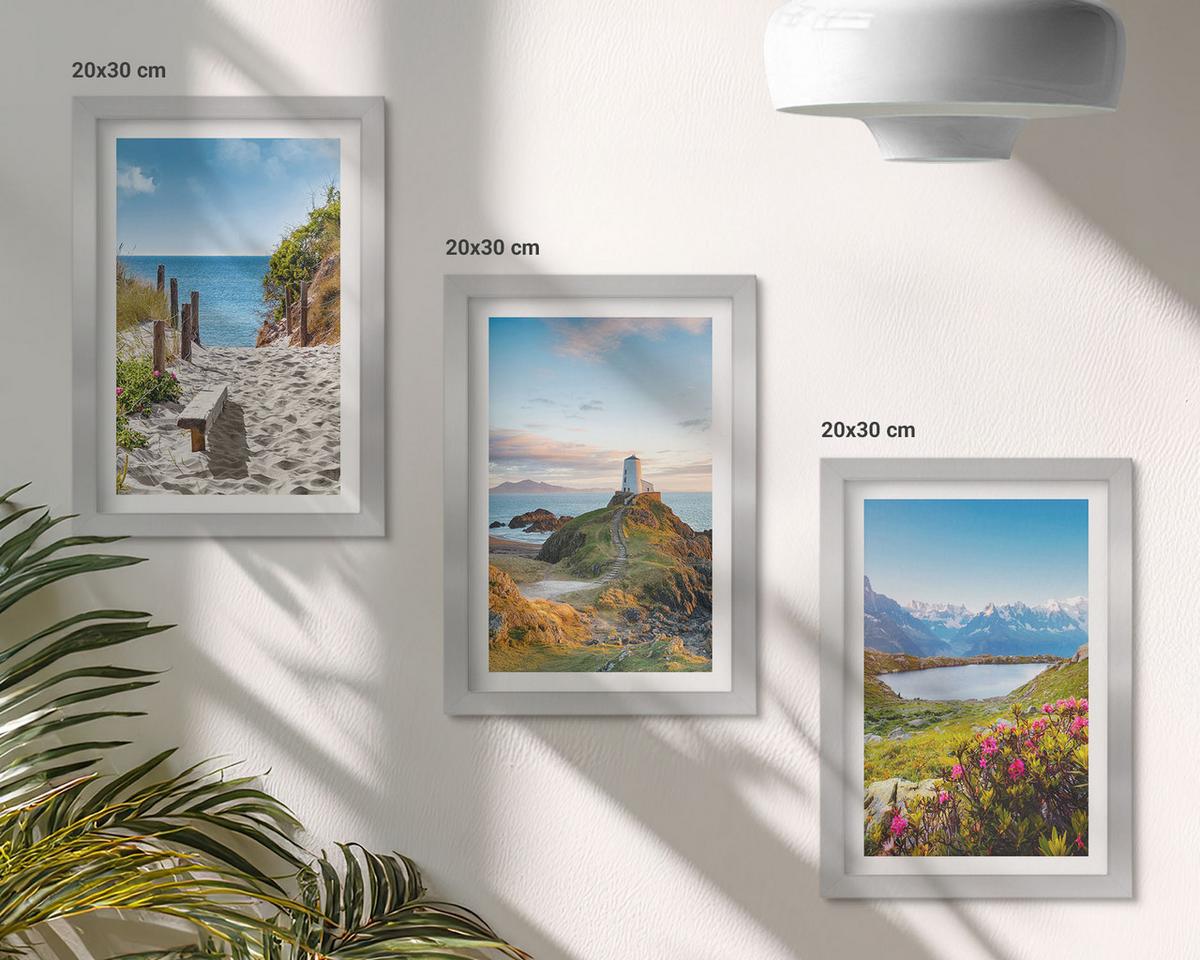 BILDER SET 3er Set - 20x30 cm Silberner Rahmen - Strand, Leuchtturm, Berge, Blumen - Silberfarben, Kunststoff (20/30cm) - TULUP