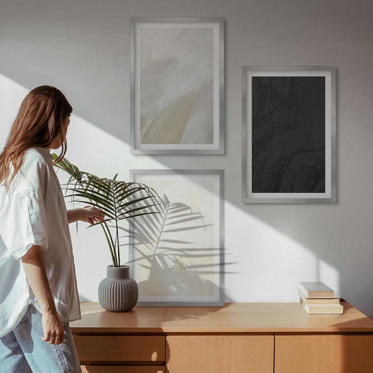 BILDER SET 3er Set - 40x60 cm Silberner Rahmen - Strukturen schattieren Minimalismus - Silberfarben, Kunststoff (40/60cm) - TULUP