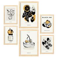 POSTER Set Mit 6 In Schwarzer Tinte Snack Künstlerische Und Abstrakte Drucke Für Innenarchitektur A3 & A4 Rahmen Aus Hellem Holz - Beige, Papier (29/3cm) - Nacnic