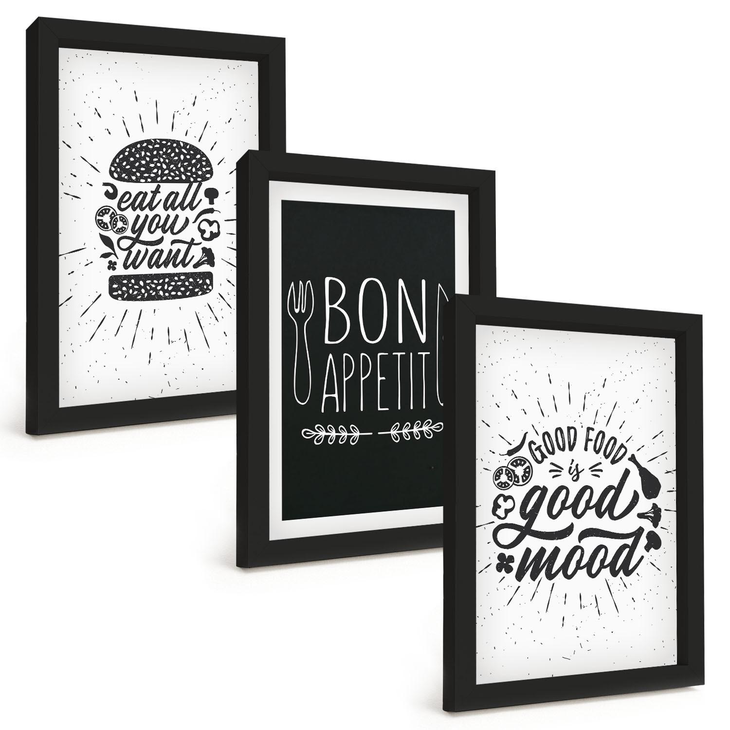 BILDER SET 3er Set - 20x30 cm Schwarzer Rahmen - Grafiken, Lebensmittel, kulinarische Slogans - Schwarz, Kunststoff (20/30cm) - TULUP
