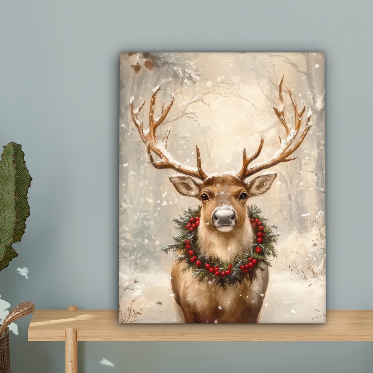 LEINWANDBILD Weihnachten - Rentier - Winter - Kranz Room Decor 30x40 cm - Naturfarben, Textil (30/40cm) - MuchoWow