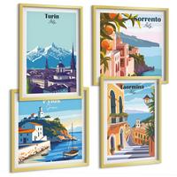 BILDER SET 4er Set - 50x50 cm & 40x60 cm Goldrahmen - Farbenfrohe Illustrationen von Retro-Städten - Goldfarben, Kunststoff (50/50cm) - TULUP