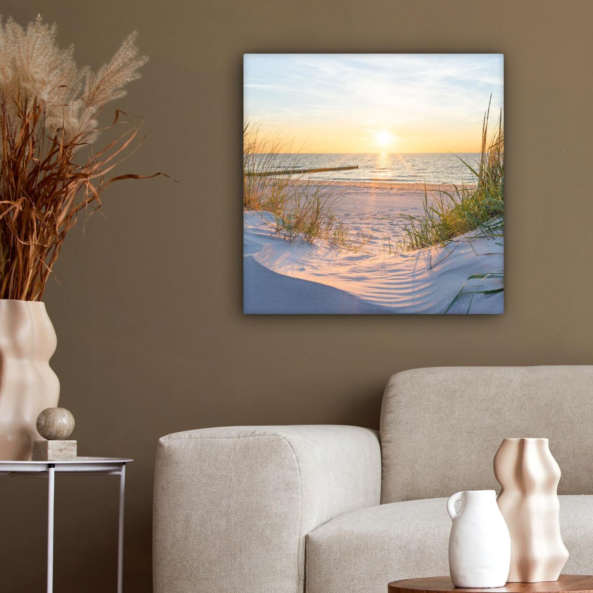 LEINWANDBILD Strand - Sonne - Düne - Gras - Sand - Horizont Wandbild Wohnzimmer 50x50 cm - Hellblau, Textil (50/50cm) - MuchoWow