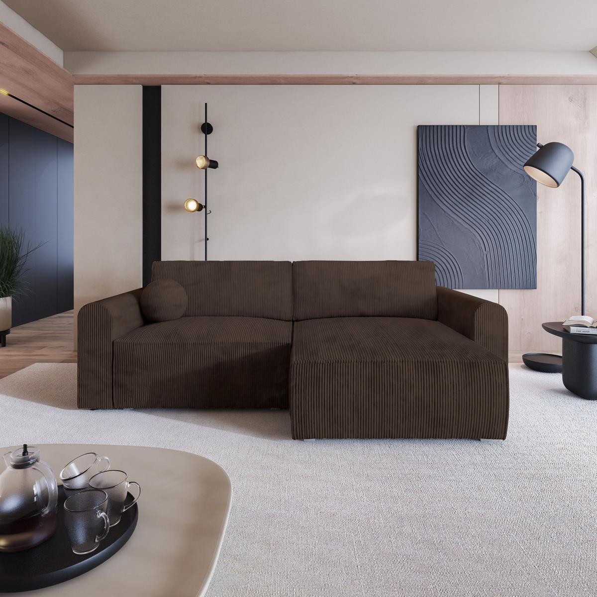 ECKSOFA FIANO P Braun Kordstoff mit Schlaffunktion - Braun/Grau, Holz/Kunststoff (245/148cm) - MASSENO