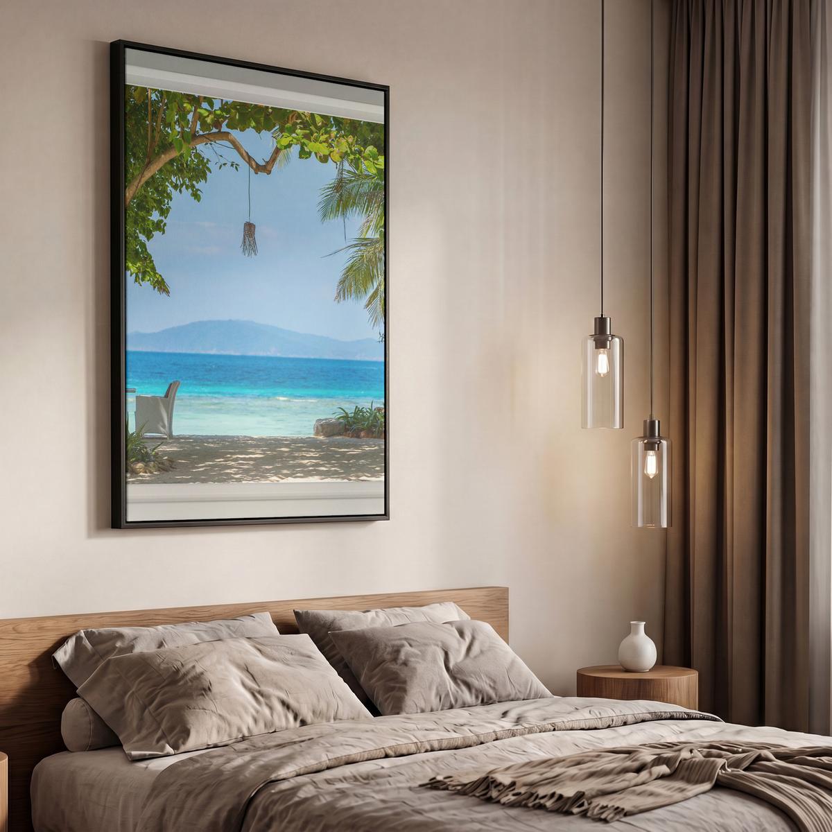 LEINWAND Bilder mit Rahmen - Aussicht - Baum - Meer - Palme - Hügel - Strand - Blau - 60x90 - Blau, Textil (60/90cm) - MuchoWow