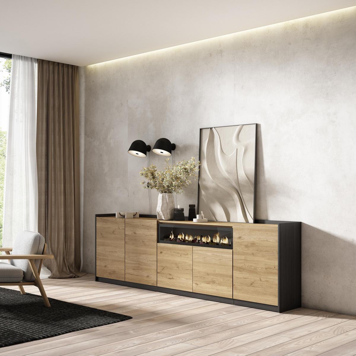 SIDEBOARD, Highboard, Eiche Schwarz, Elektrokamin, 260/37/80cm - Eichefarben, Holzwerkstoff (260/80/37cm) - Skraut Home