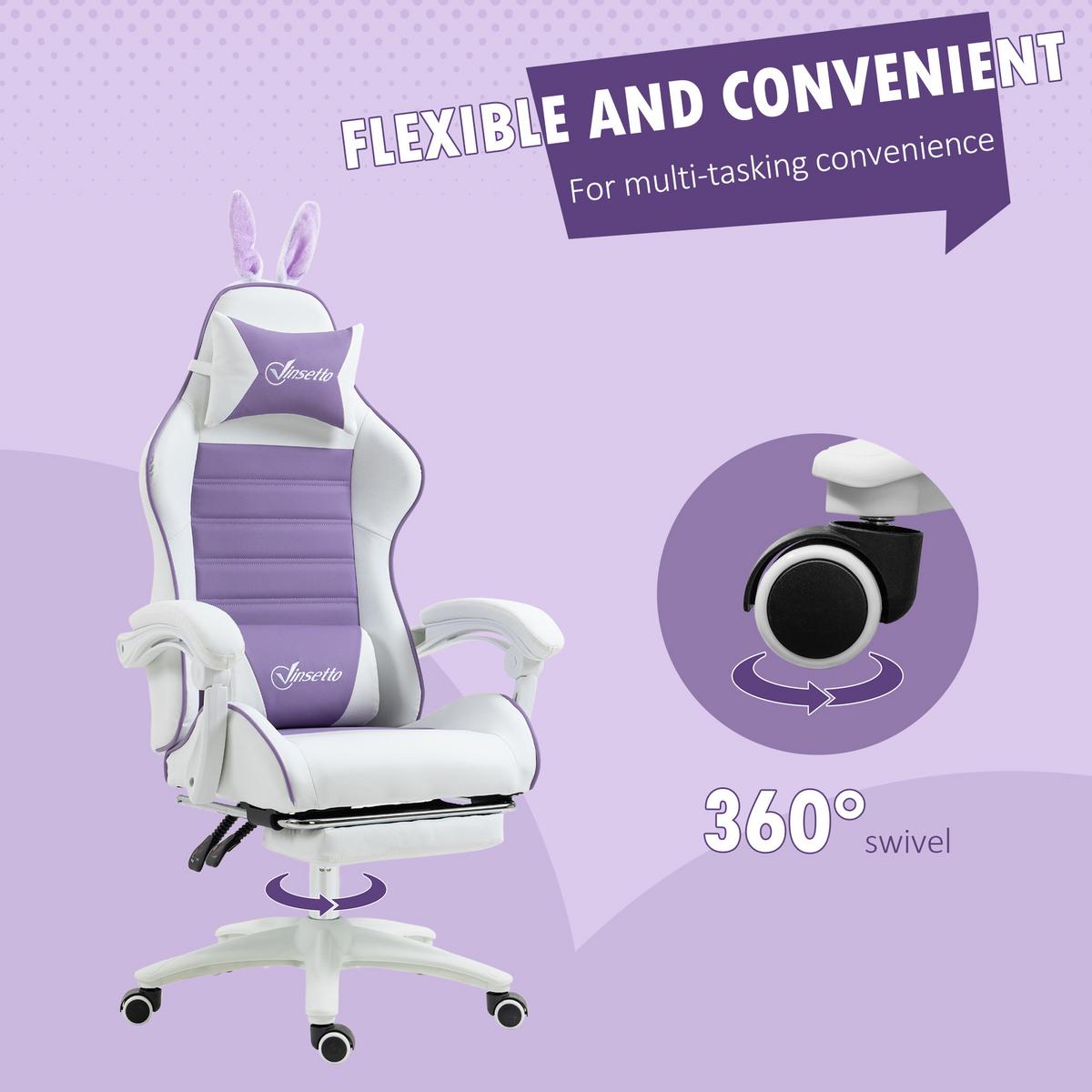 GAMING Stuhl Ergonomischer Gamer Stuhl mit Lendenwirbelstütze, Fußstütze - Violett, Leder (63/142/65cm) - Vinsetto