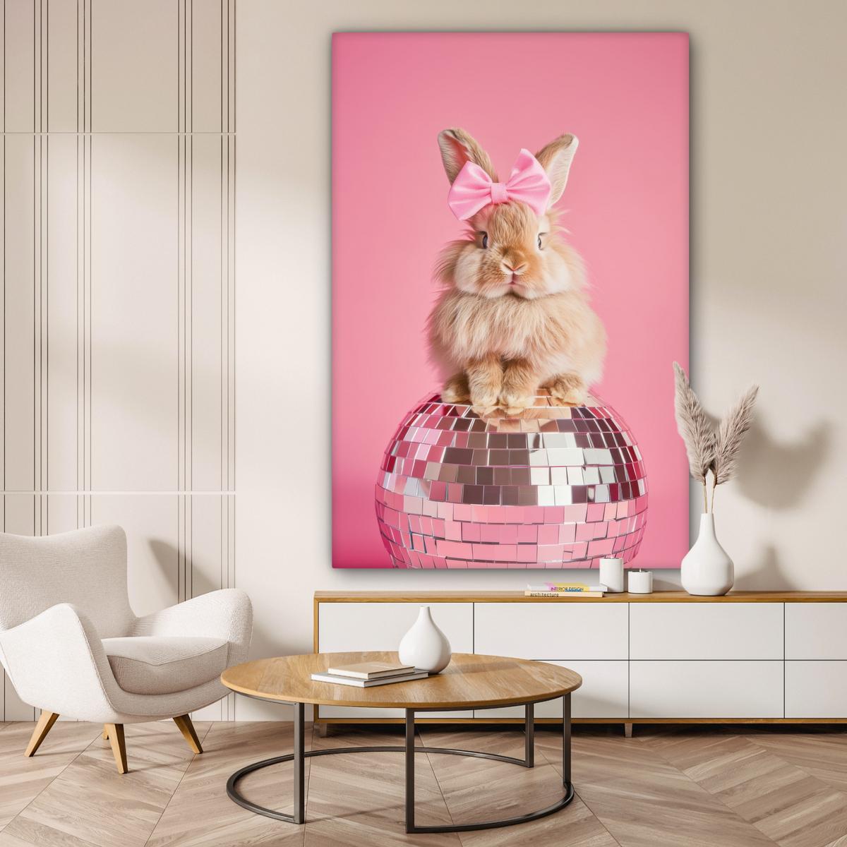 LEINWANDBILD Schleife - Discoball - Kaninchen Deko Groß 90x140 cm - Pink, Textil (90/140cm) - MuchoWow