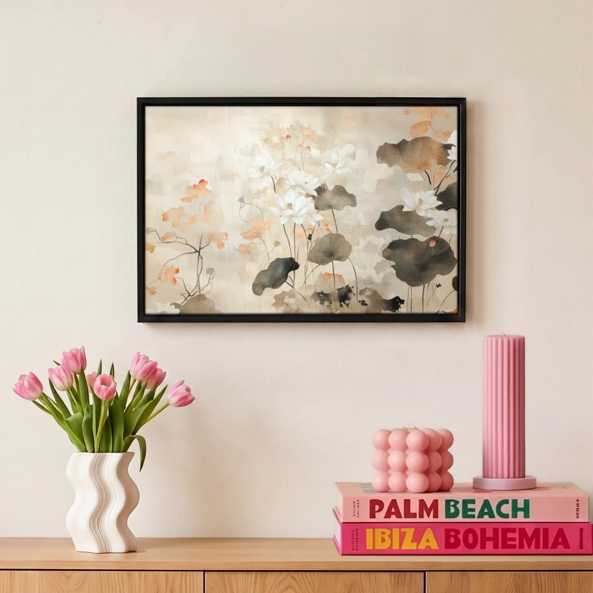 LEINWAND Bilder mit Rahmen - Blumen - Japandi - Wabi sabi - 30x20 - Sandfarben, Textil (30/20cm) - MuchoWow