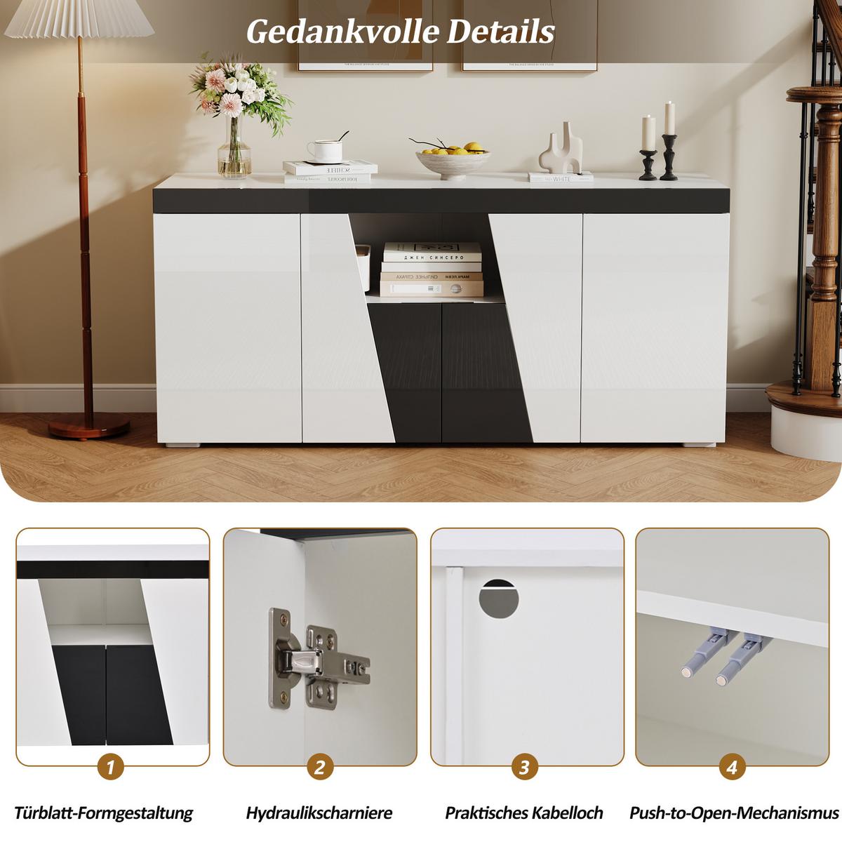 SIDEBOARD in Weiß & Schwarz mit App-LED-Lichtleiste - Weiß, Holzwerkstoff (140/65/40cm) - Urban Meuble