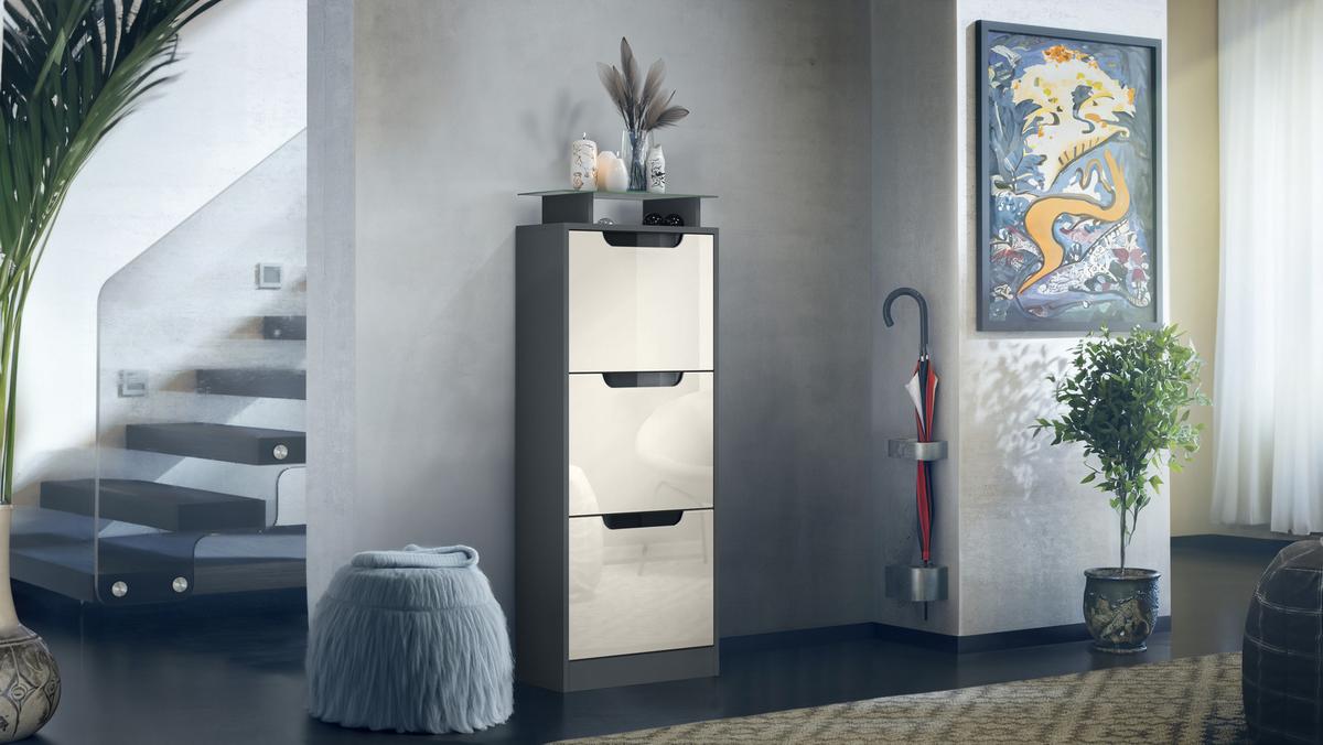 SCHUHSCHRANK Space Creme Hochglanz - Creme, Holzwerkstoff (46/128/23cm) - Vladon