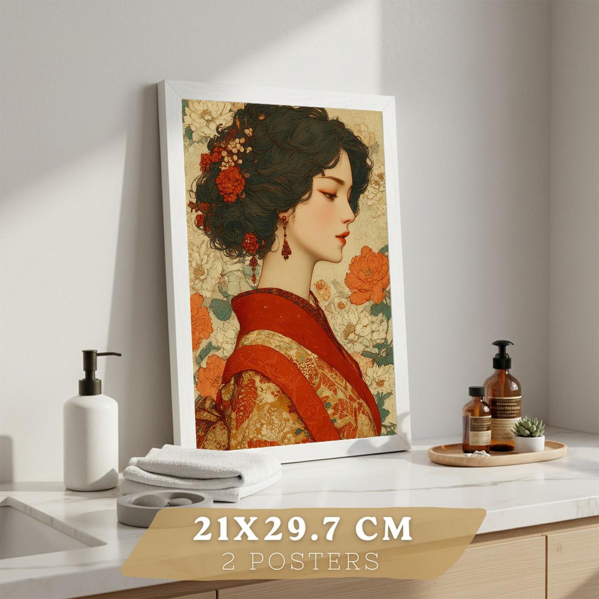 POSTER 2er-Set dekorative Badezimmer-Kunstdrucke, im japanischen Stil für Wand, Toilette mit orientalischem Drachen und Frau Weißer Rahmen A4 - Weiß, Papier (29.7/21/3cm) - Nacnic