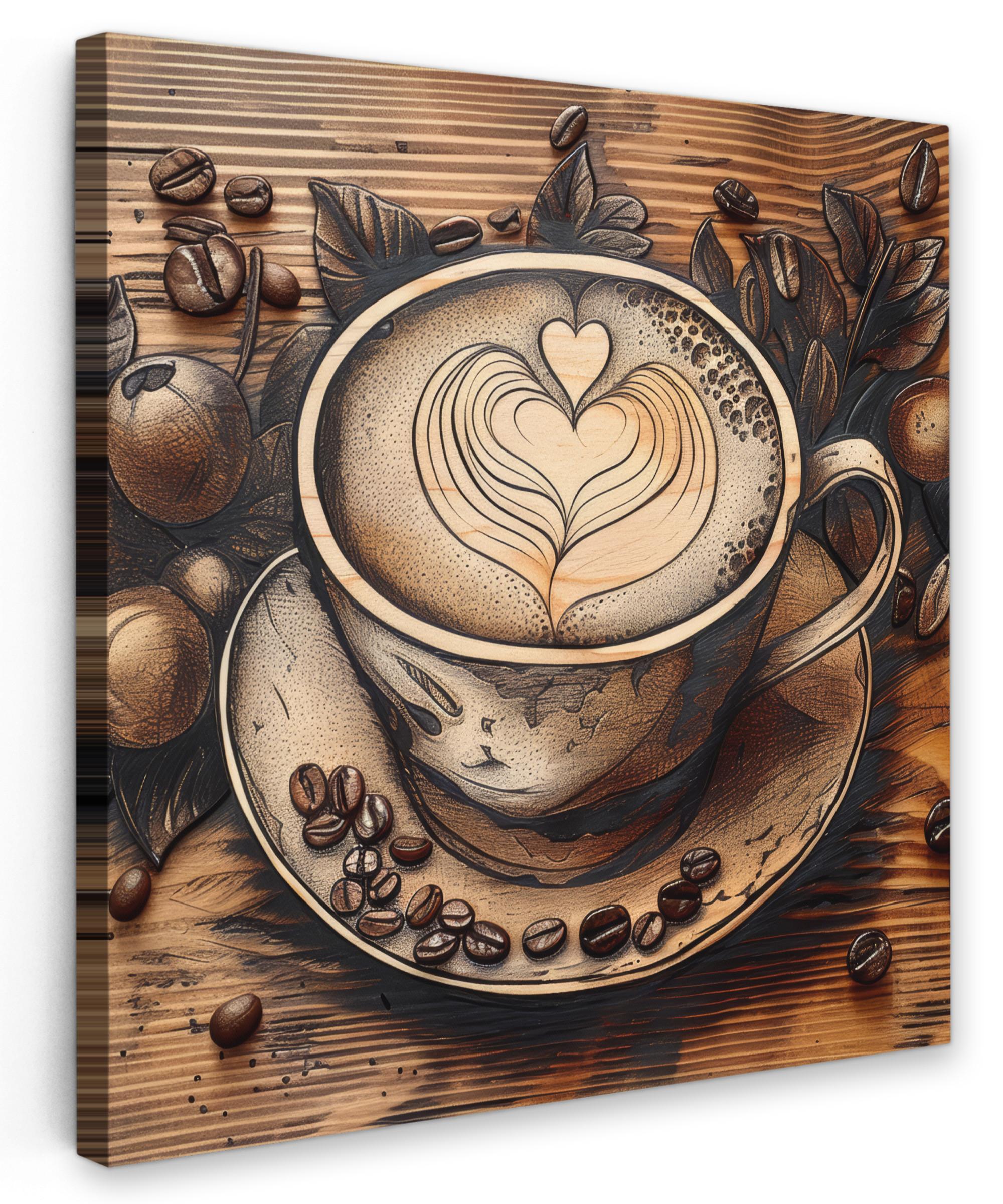 LEINWANDBILD Kaffee - Vintage - Braun - Tasse - Holz Wandbild Wohnzimmer 50x50 cm - Braun, Textil (50/50cm) - MuchoWow