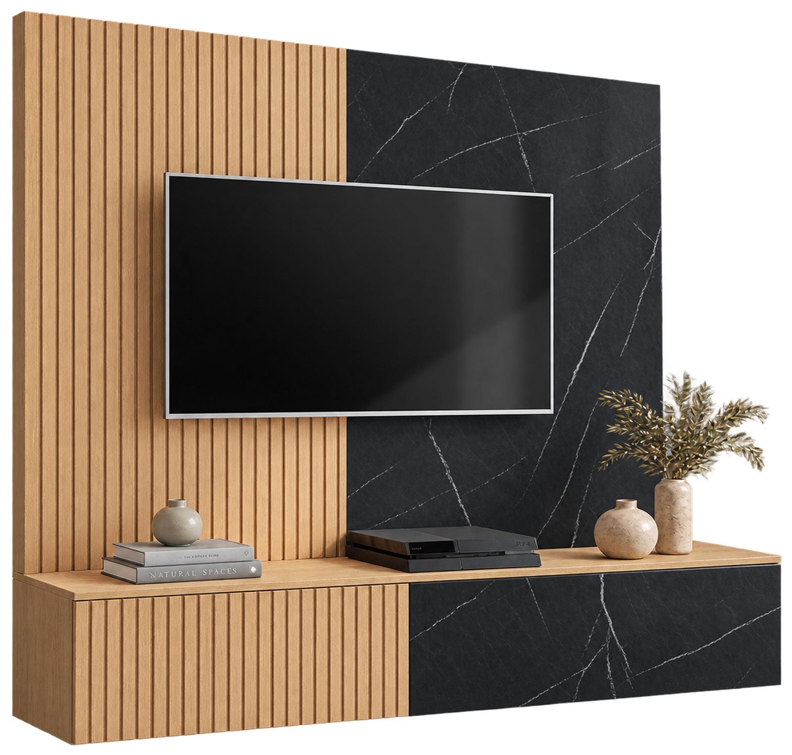 TV-LOWBOARD Cremona Eiche, Marmor schwarz 160 cm hängend, TV Unterschrank Set mit Wandpaneel - Eichefarben/Schwarz, Holzwerkstoff (160/148/35cm) - Inn.Furn
