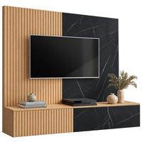 TV-LOWBOARD Cremona Eiche, Marmor schwarz 160 cm hängend, TV Unterschrank Set mit Wandpaneel - Eichefarben/Schwarz, Holzwerkstoff (160/148/35cm) - Inn.Furn