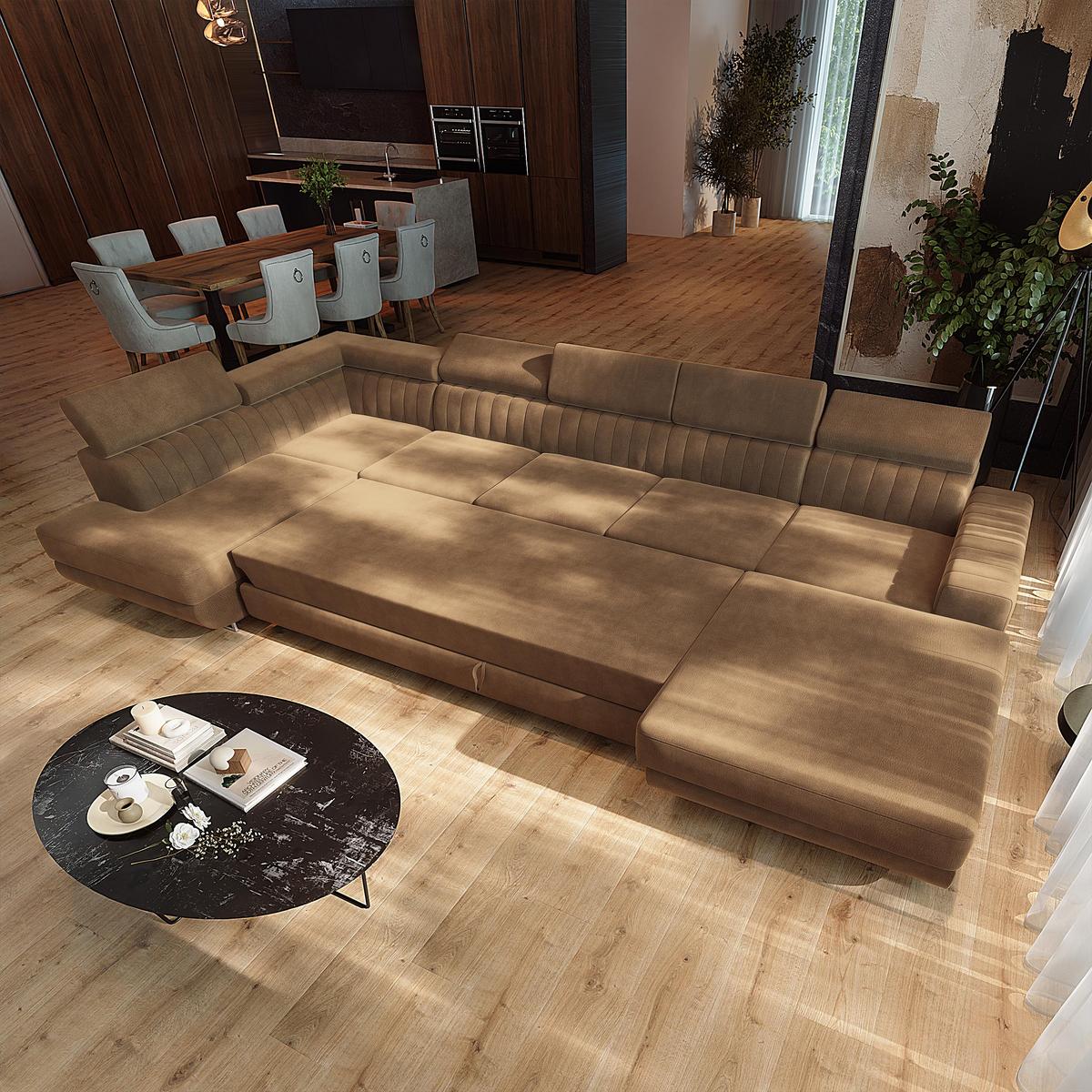 WOHNLANDSCHAFT GAIAN Beige Velours-Stoff mit Schlaffunktion - Beige, Holz (412/88/190cm) - MASSENO