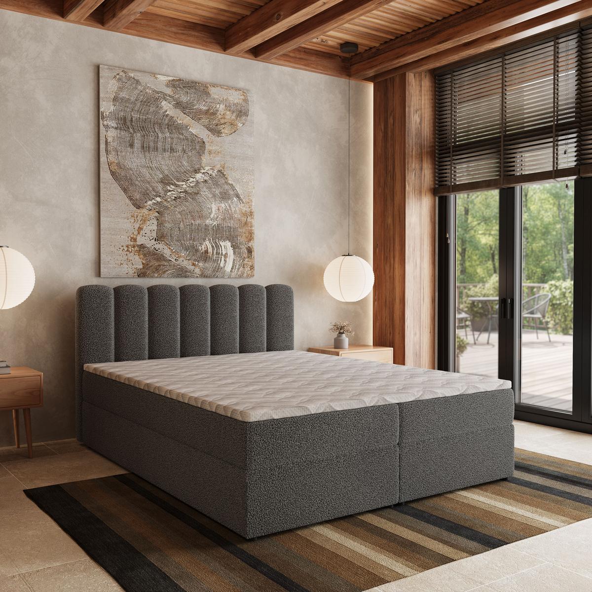 BOXBETT SOLIA 160x200 cm mit Matratze und Topper, H2+H3 - Grau - Grau, Holz (160/200cm) - MASSENO