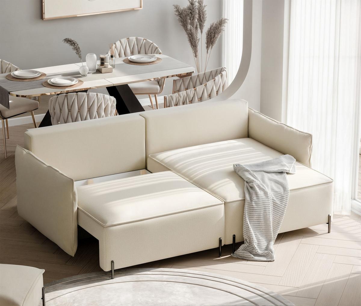 ECKSOFA MARCO Rechts, mit Schlaffunktion und Bettkasten, Creme - Creme, Textil/Metall (221/148cm) - Idohome