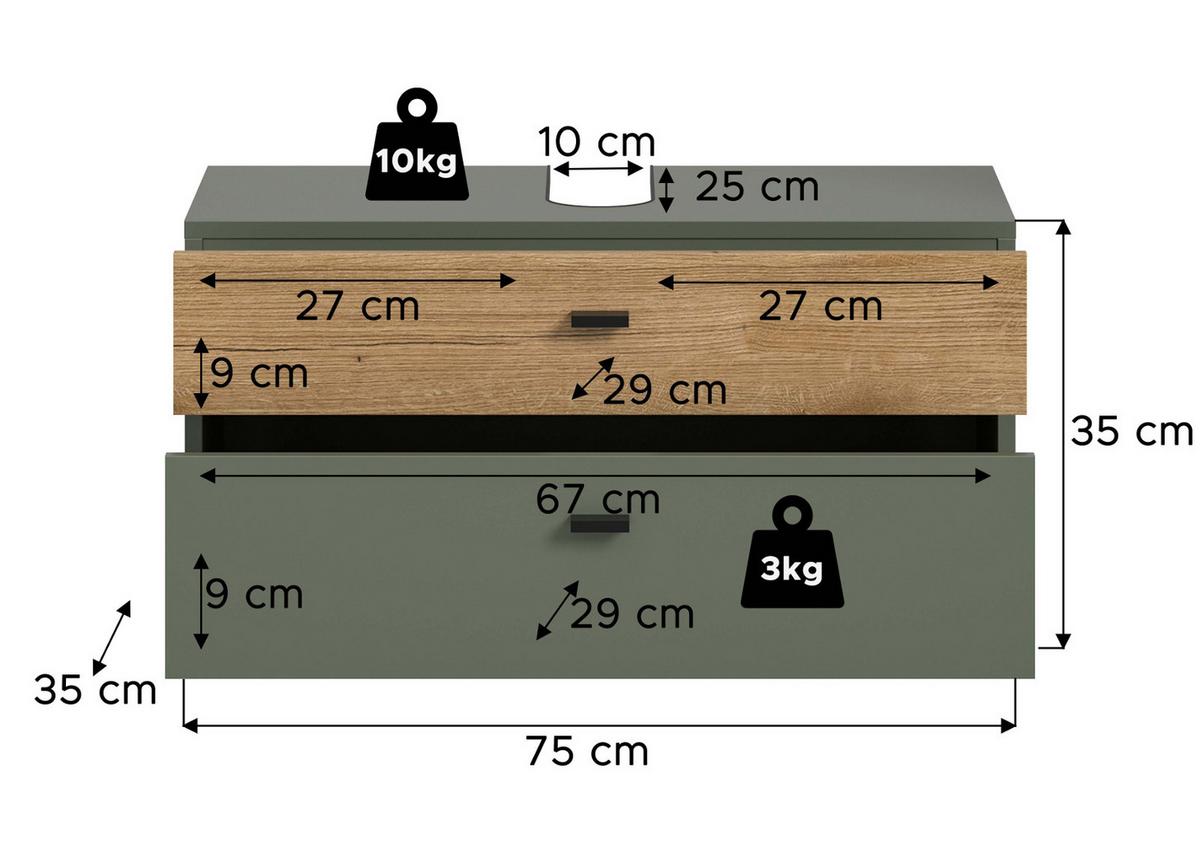 WASCHBECKENUNTERSCHRANK grün, Eiche Evoke 75 cm, Badschrank hängend - Eichefarben/Grün, Holzwerkstoff/Kunststoff (75/35/35cm) - Inn.Furn