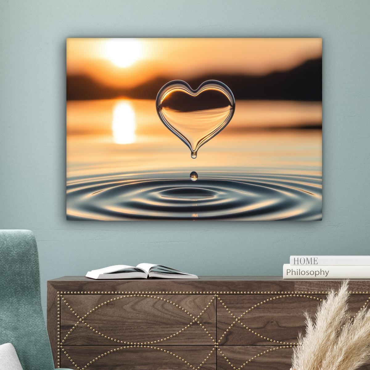 LEINWANDBILD Herz - Wasser - Sonnenuntergang - Natur - Zen Wandbilder 80x60 cm - Bernsteinfarben, Textil (80/60cm) - MuchoWow