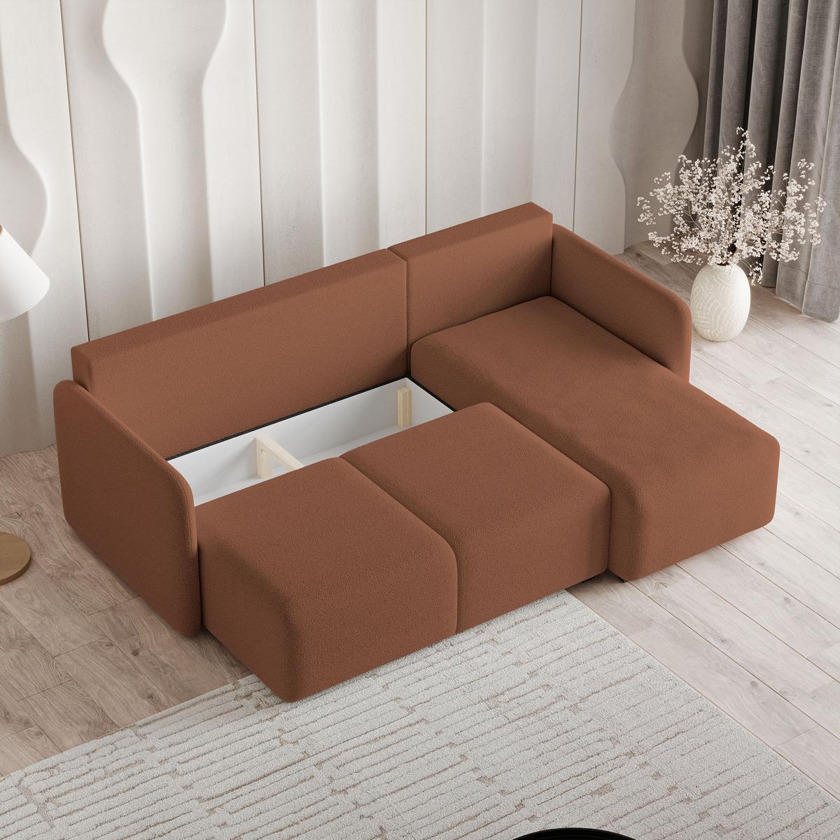 ECKSOFA SUVINO Kupferfarben Boucle-Stoff mit Schlaffunktion - Kupferfarben, Holz (230/143cm) - MASSENO