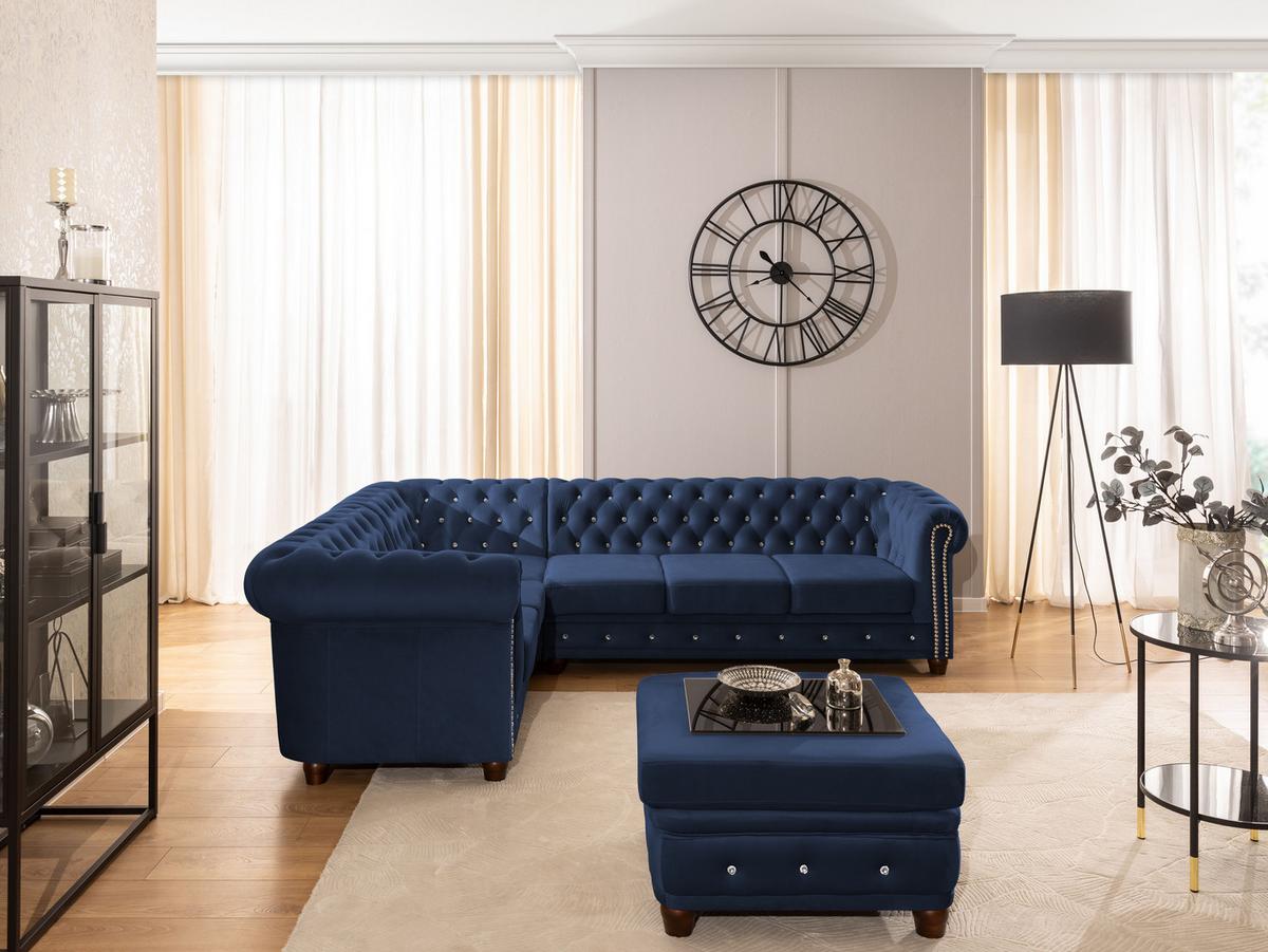ECKSOFA mit Schlaffunktion Chesterfield Marineblau Samt mit Kristallsteppung und braunen Massivholzfüßen - Ottomane Links - Blau/Braun, Holz/Textil (264/210cm) - S-Style Möbel