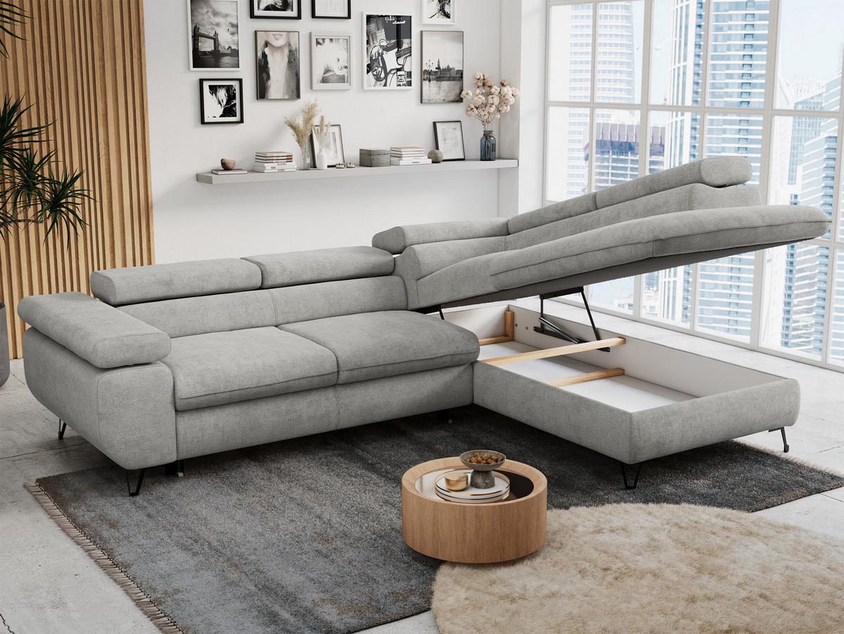 ECKSOFA PETER L Hellgrau Struktur - Rechts Seite - Hellgrau/Schwarz, Textil/Metall (273/208cm) - MKS