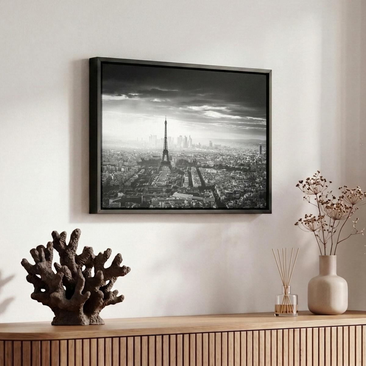 LEINWAND Bilder mit Rahmen - Paris - Skyline - Eiffelturm - Stadt - Wolken - 30x20 - Dunkelgrau, Textil (30/20cm) - MuchoWow