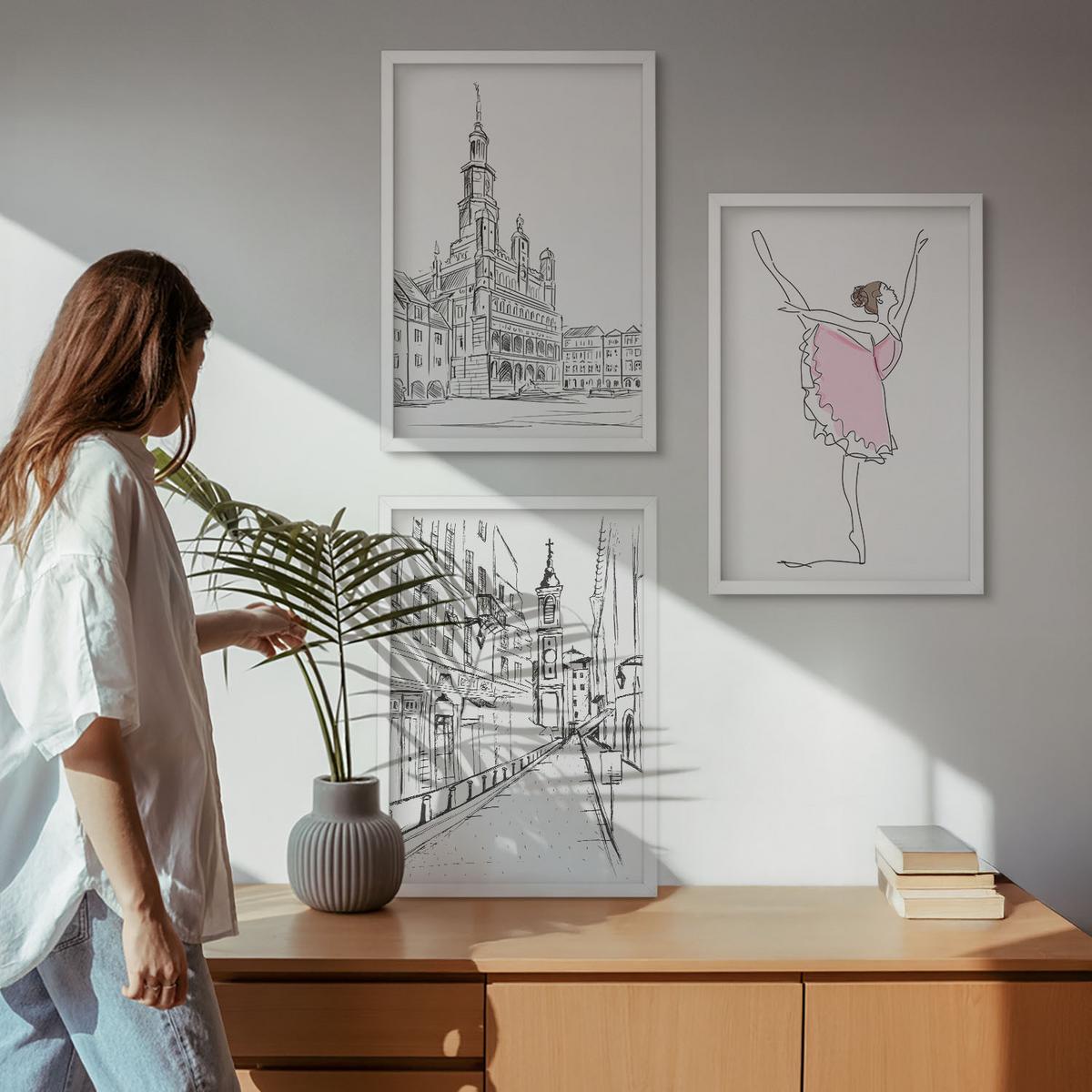 BILDER SET 3er Set - 40x60 cm Weißer Rahmen - Stilvolle Ballerinen und Architektur - Weiß, Kunststoff (40/60cm) - TULUP