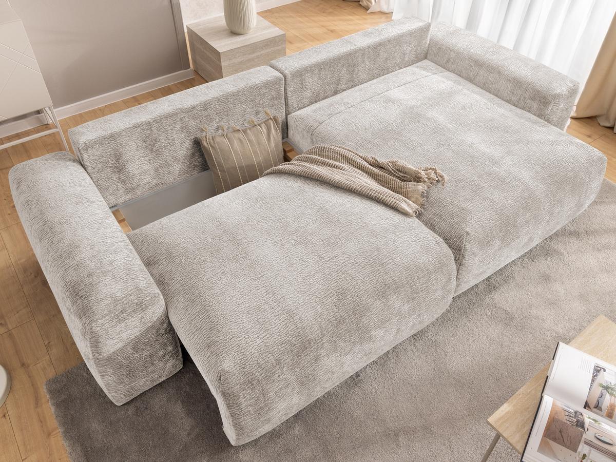 ECKSOFA Puffy mit Schlaffunktion und Bettkasten - besonders weich und puffig aus Beige Stoff mit Chenillestruktur - Ottomane rechts - Beige/Schwarz, Holz/Kunststoff (266/138cm) - S-Style Möbel