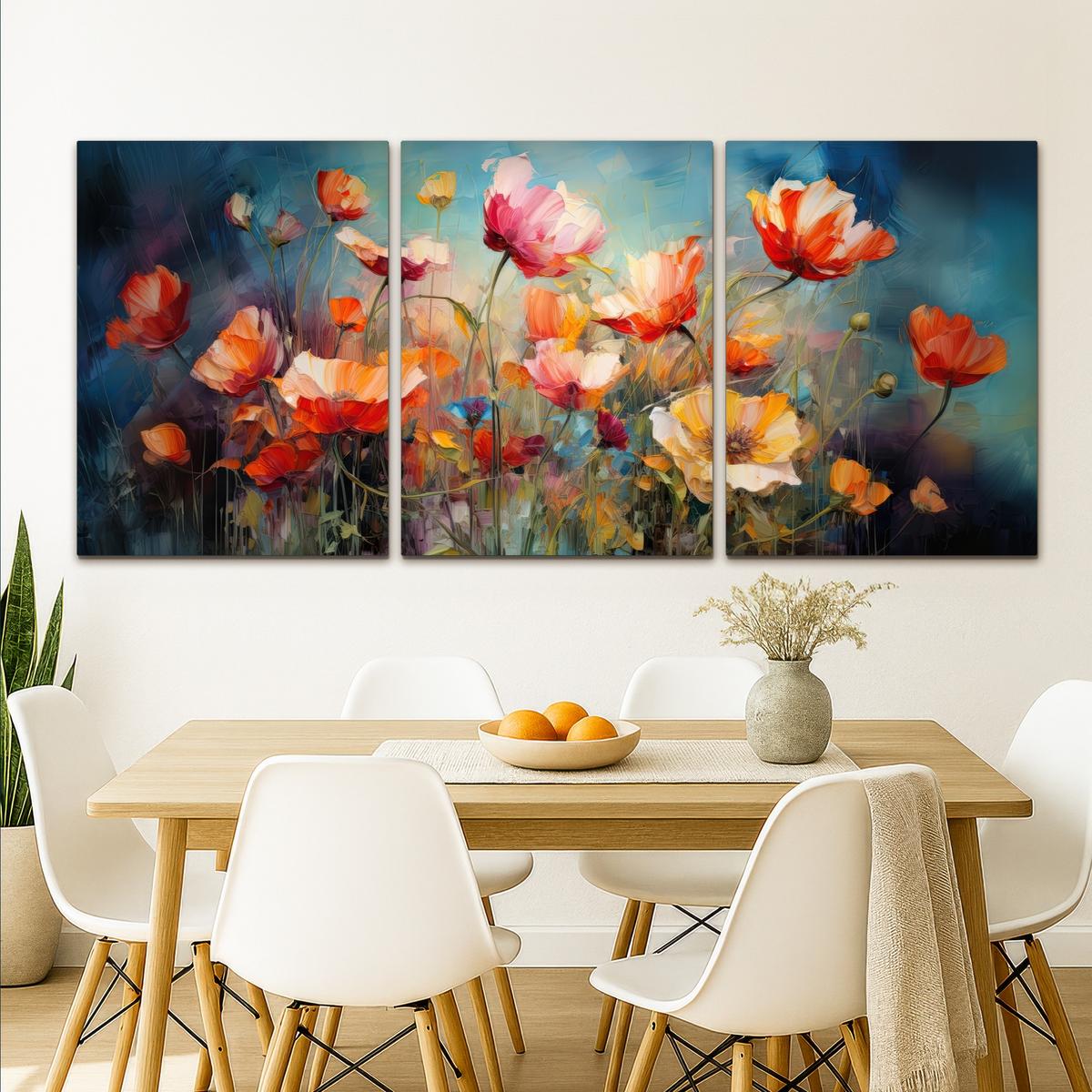 LEINWANDBILD 3er Set Blumen - Bunt - Abstrakt 180x80 cm - Blaugrau, Textil (180/80cm) - MuchoWow