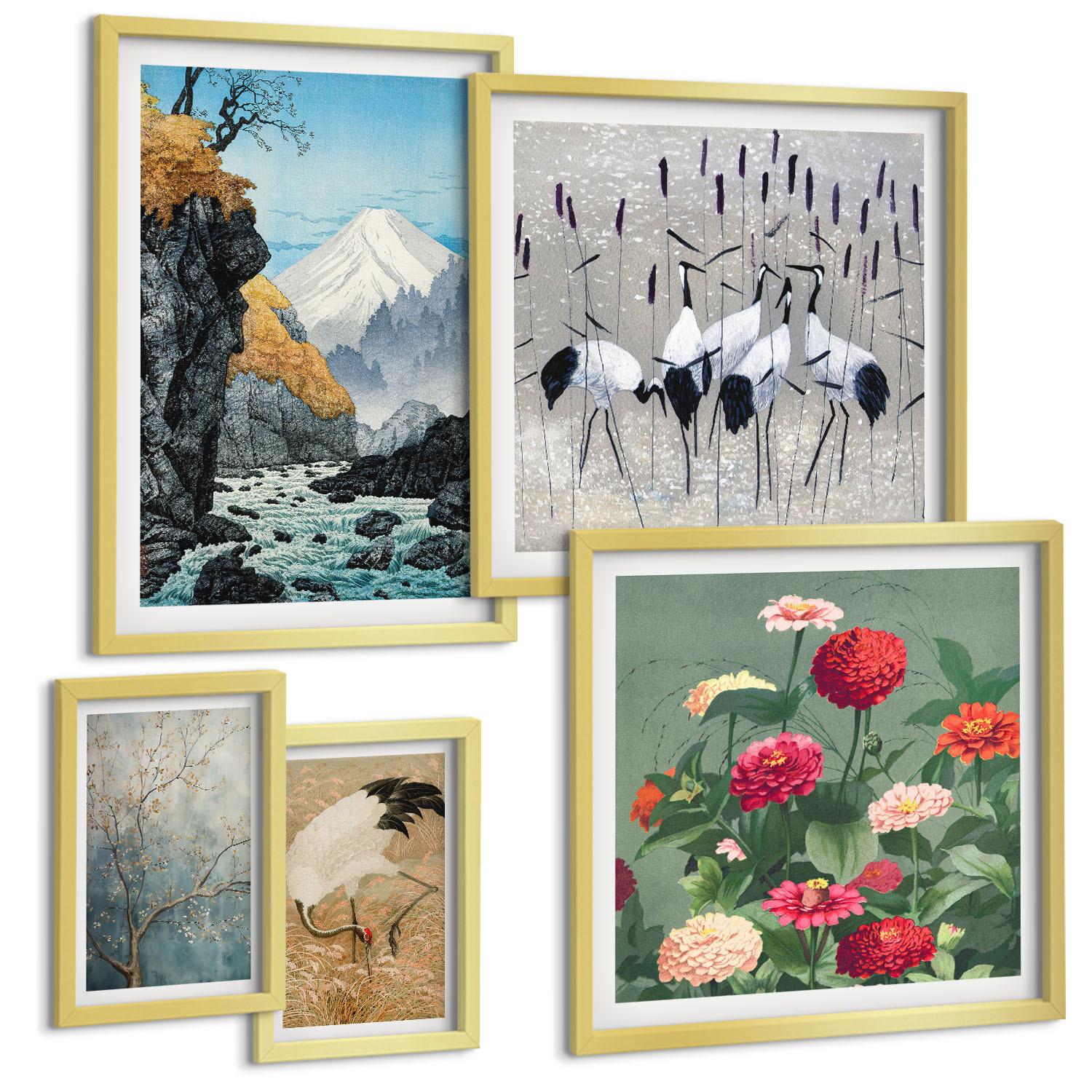 BILDER SET 5er Set - 50x50 cm & 20x30 cm & 40x60 cm Goldrahmen - Berge, Fluss, Blumen, Kraniche - Goldfarben, Kunststoff (40/60cm) - TULUP