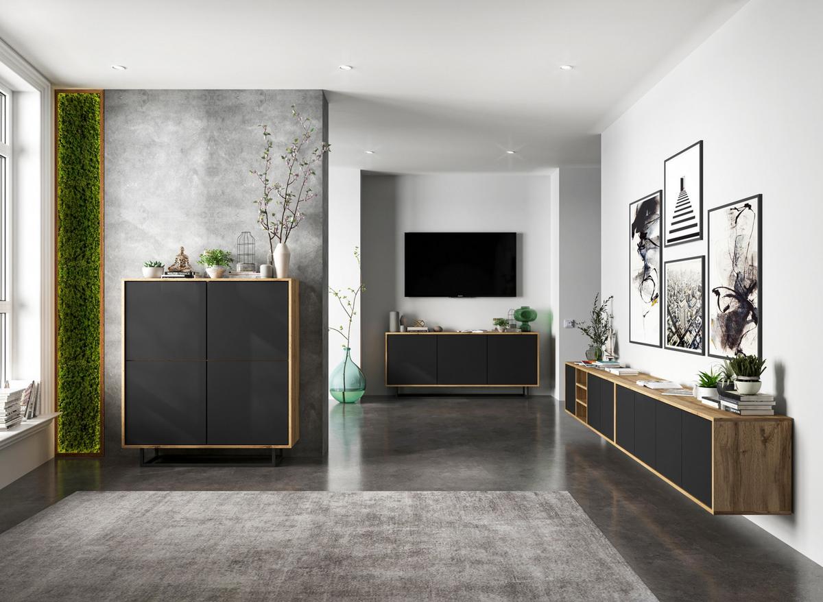 KOMMODE Apollo 4D Eiche wotan Schwarz Matt 113 cm - Schwarz, Holzwerkstoff/Metall (113/127/35cm) - Meble Lindner