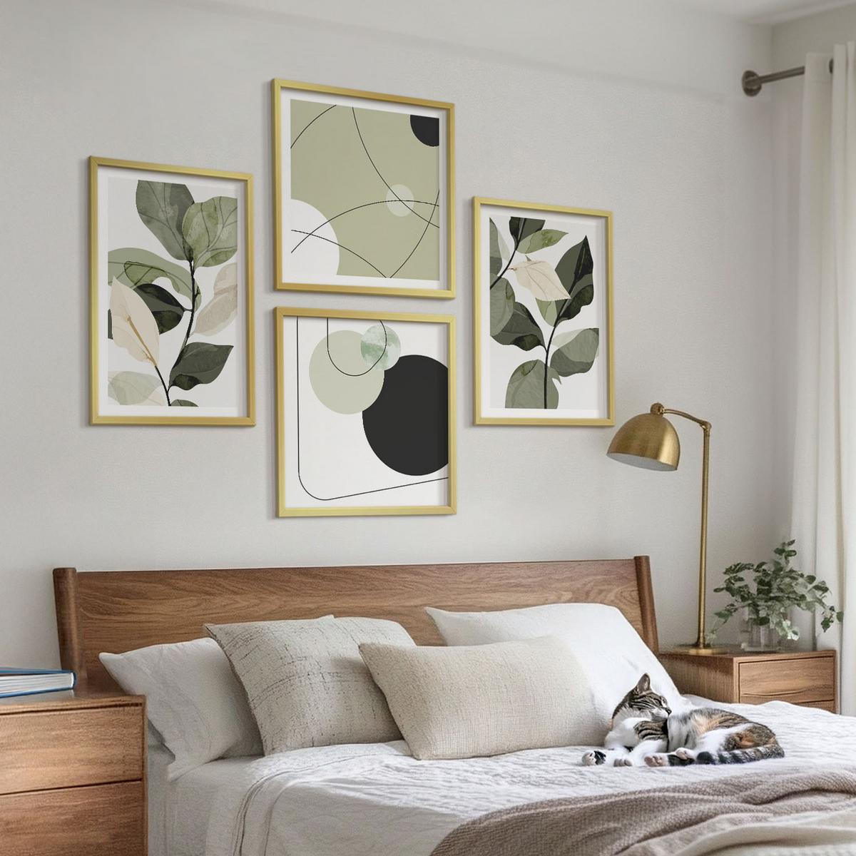BILDER SET 4er Set - 50x50 cm & 40x60 cm Goldrahmen - Abstrakte Darstellung gemalter Blätter - Goldfarben, Kunststoff (50/50cm) - TULUP
