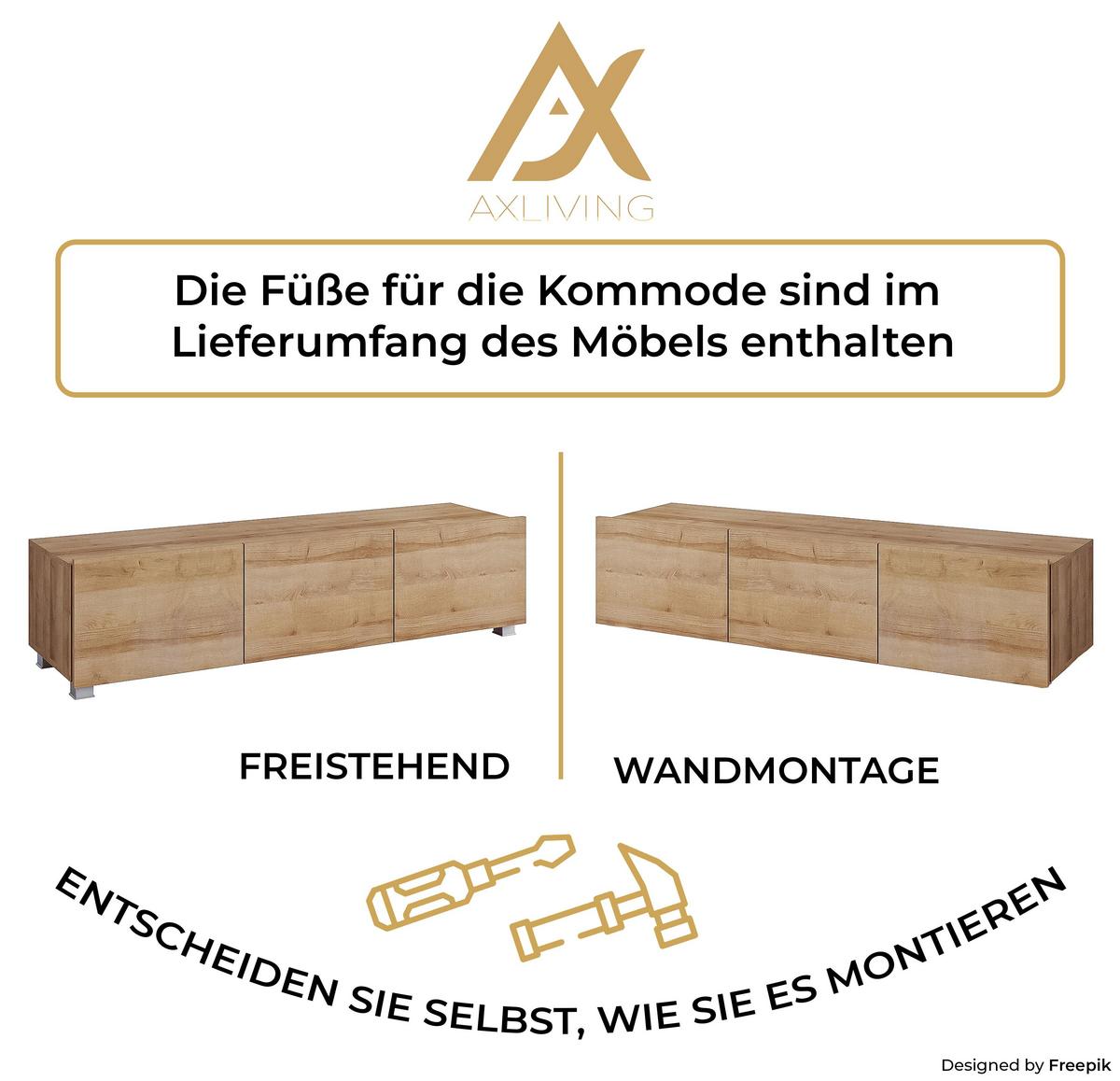 WOHNWAND Kossana 4 Modern Weiß/Goldene Eiche 255/142/43 cm Designmöbel - Hellbraun/Weiß, Holzwerkstoff/Kunststoff (255/142/43cm) - AX Living