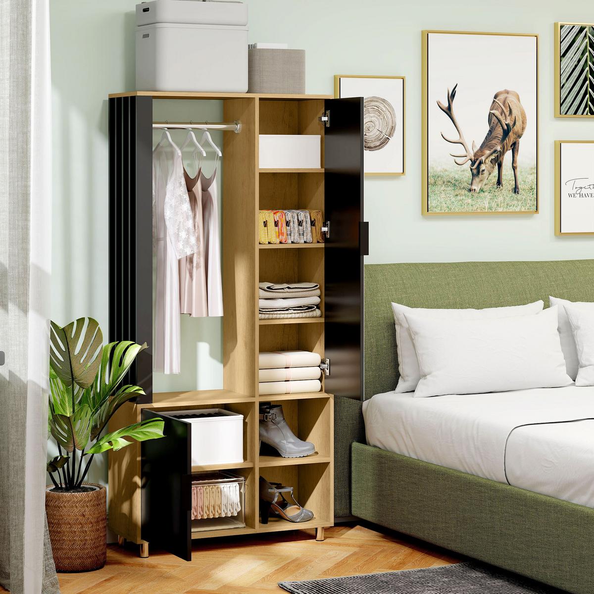 GARDEROBENSCHRANK mit Spiegel, Kleiderstange & Schuhschrank - Schwarz/Naturfarben, Holzwerkstoff/Kunststoff (30/175/80cm) - HOMCOM