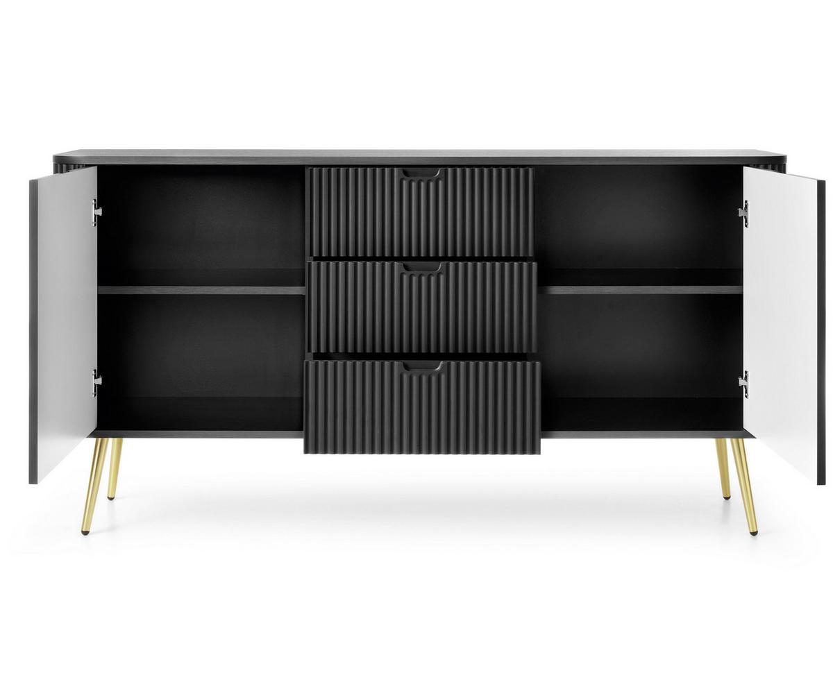 SIDEBOARD Salvia 2T 3S Schwarz, Gold 168/87/39 cm – mit geriffelten Fronten und hohen Beinen - Goldfarben/Schwarz, Holzwerkstoff/Metall (168/87/39cm) - AX Living