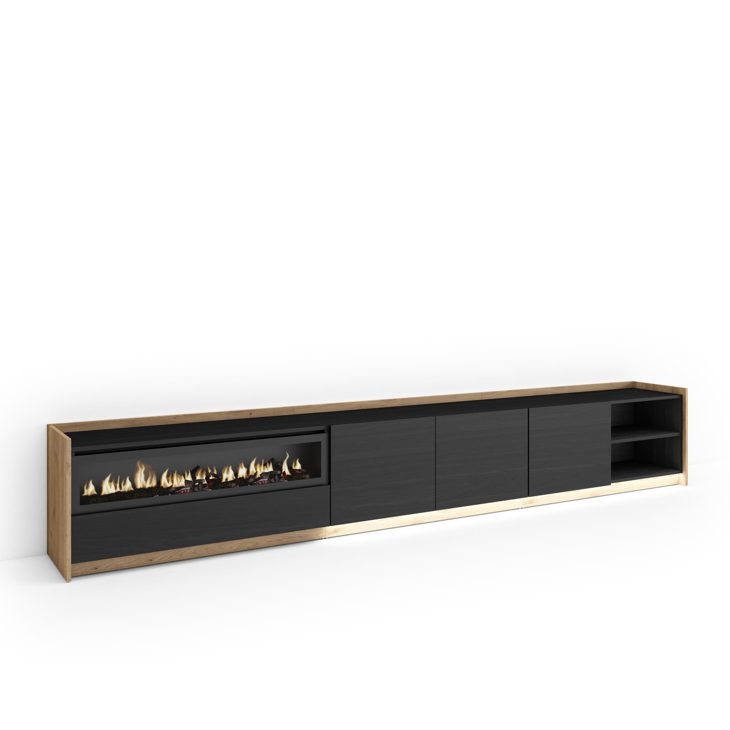 LOWBOARD, Schwarz und Eiche, 310/37/50cm, Kamin mit Feuereffekt - Schwarz, Holzwerkstoff (310/50/37cm) - Skraut Home