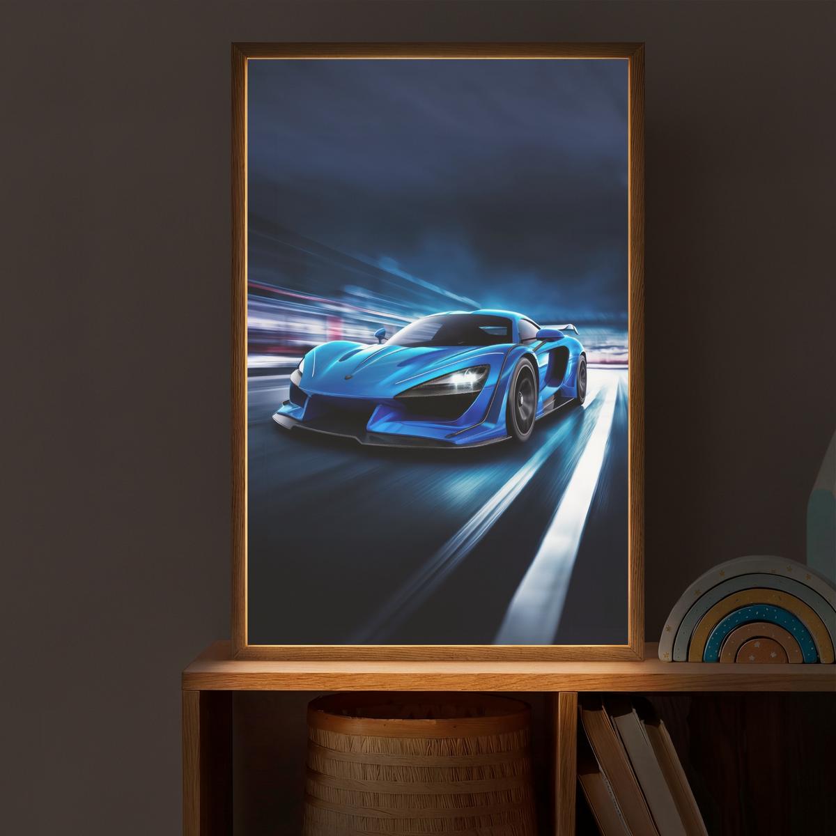 WANDLEUCHTE MIT AKKU Auto - Blau - Jungen - Kind 40x60 cm - Blau, Holzwerkstoff (40/60/8cm) - OnlyWow