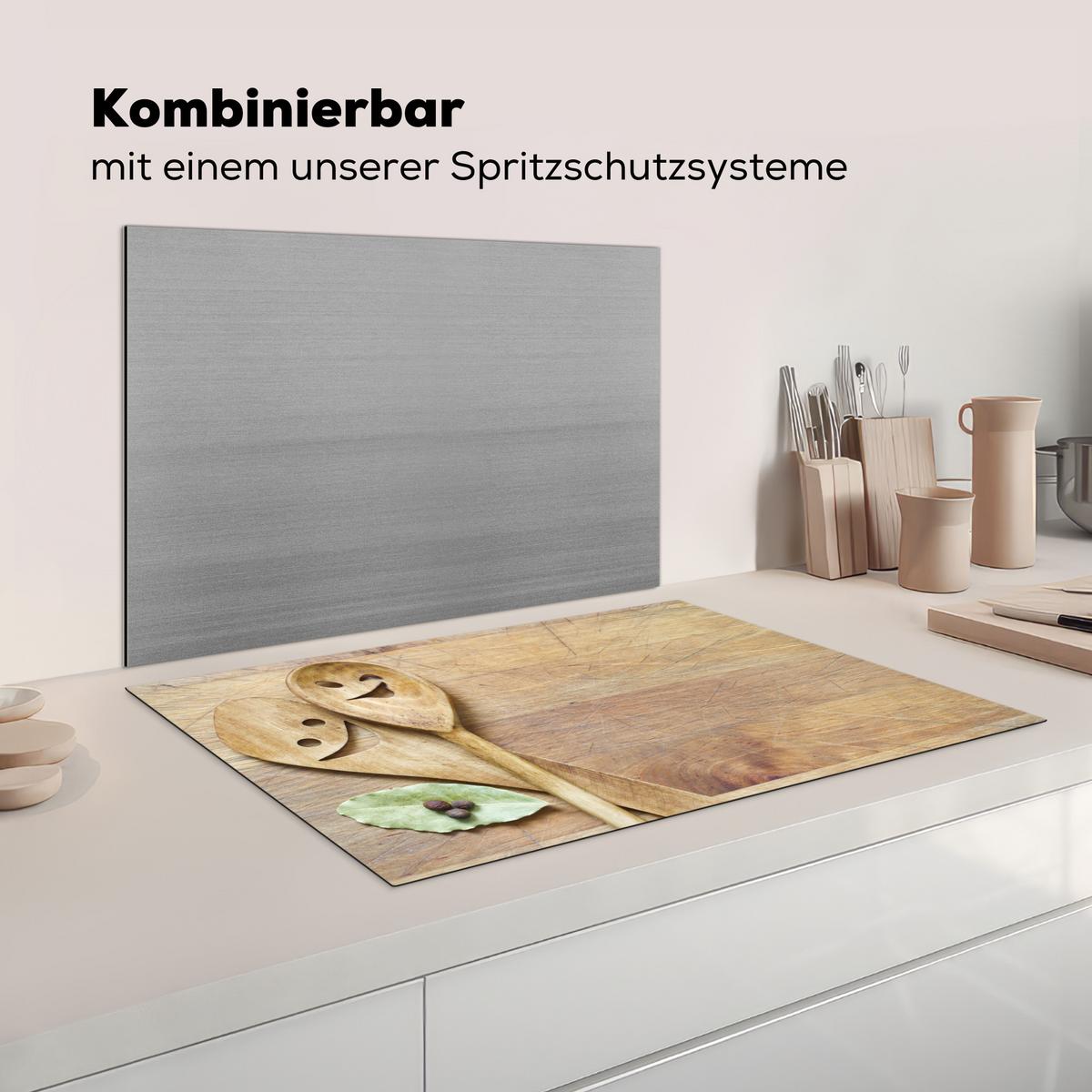 HERDABDECKPLATTE Holz - Löffel - Braun - Smiley Induktionsschutz 80x52.2 cm - Hellbraun, Kunststoff (80.2/52.2/0.2cm) - MuchoWow