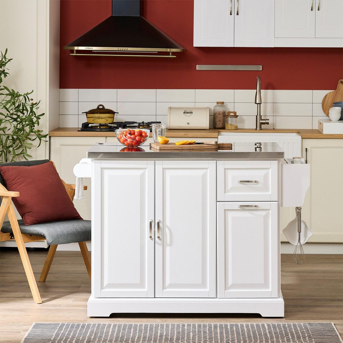 KÜCHENINSEL mit Edelstahl-Arbeitsplatte und Rollen 130×91×46(+25) cm - Weiß, Fell (107/91/71cm) - SoBuy