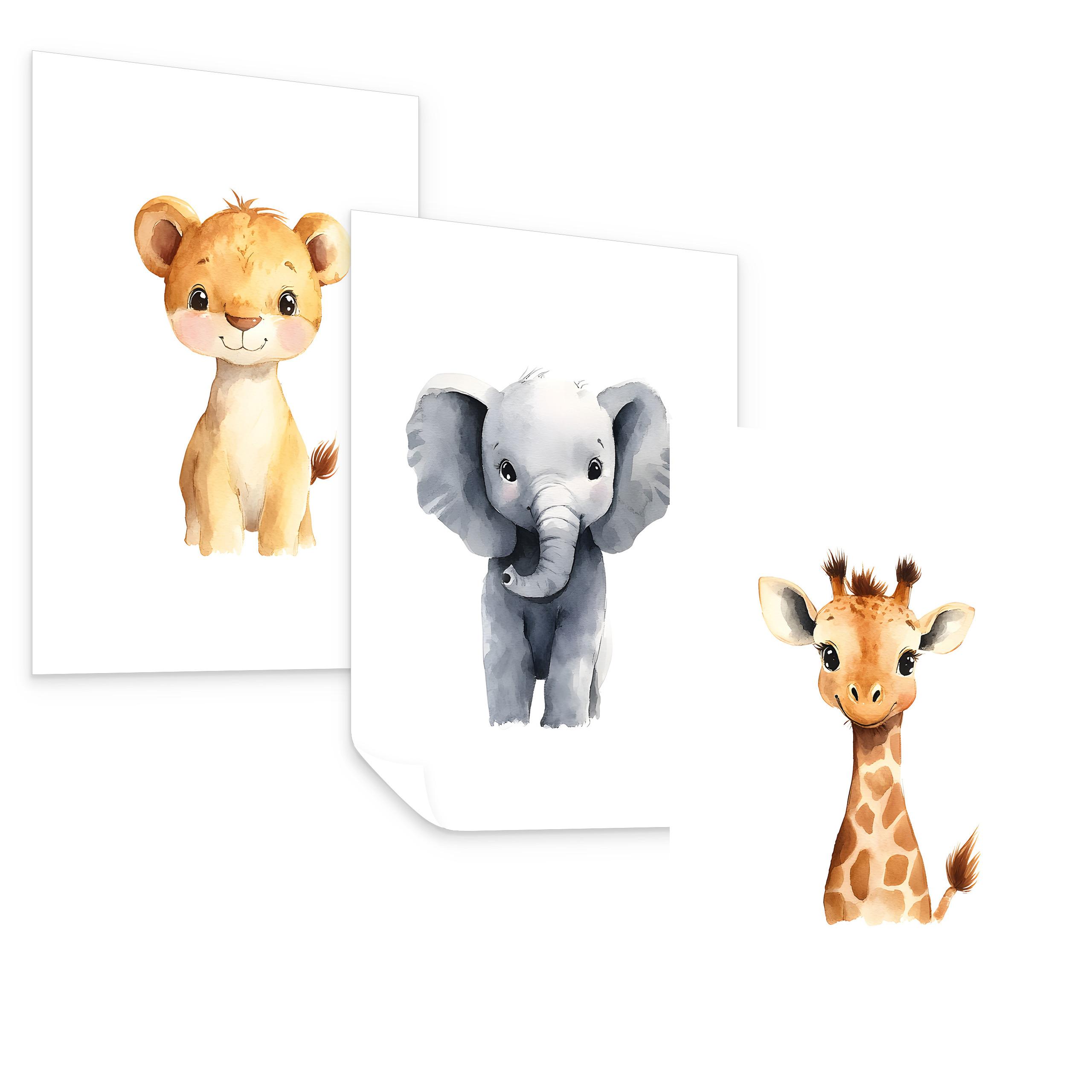 POSTER SET für Kinderzimmer WILDETIERE Löwe Elefant Giraffe 3x Poster A3 30x42cm - Gelb/Orange, Papier (30/42/1cm) - Muralo