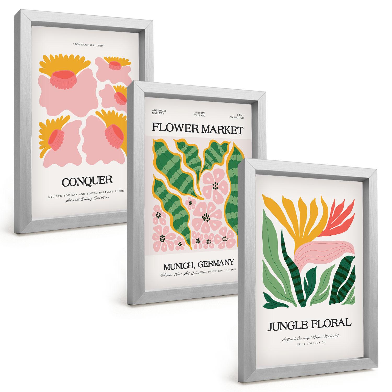 BILDER SET 3er Set - 20x30 cm Silberner Rahmen - Blumen und Blätter – moderne Poster - Silberfarben, Kunststoff (20/30cm) - TULUP
