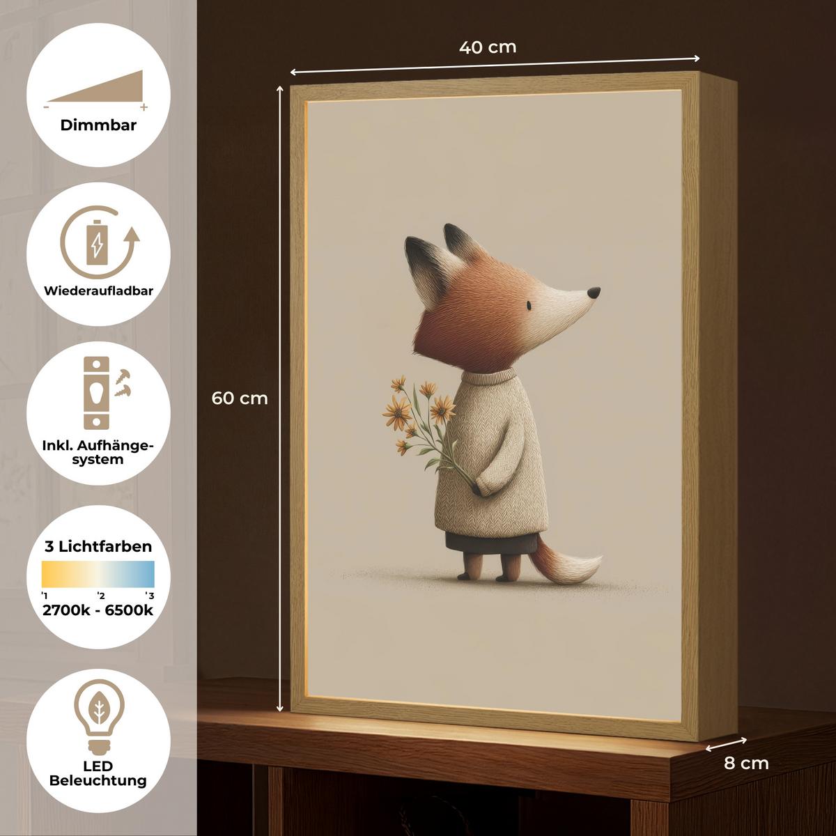 WANDLEUCHTE MIT AKKU Fuchs - Gelbe Blumen - Minimalistisch 40x60 cm - Taupe, Holzwerkstoff (40/60/8cm) - OnlyWow