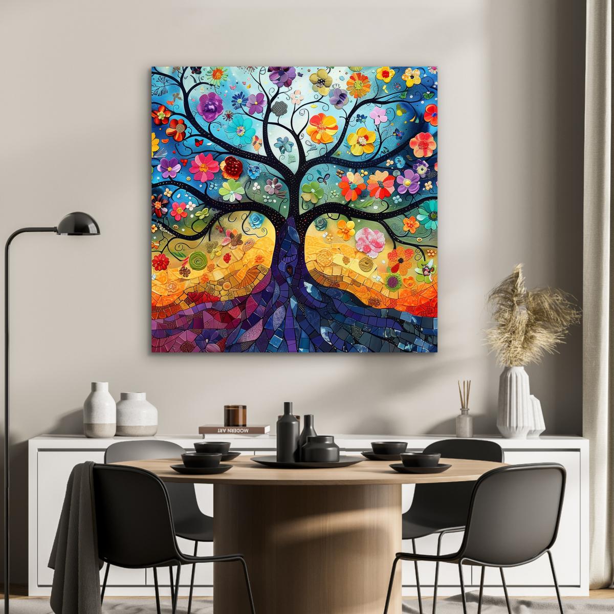 METALLBILD Kunst - Baum des Lebens - Blumen - Hippie 90x90 cm - Dunkelblau, Metall (90/90cm) - MuchoWow