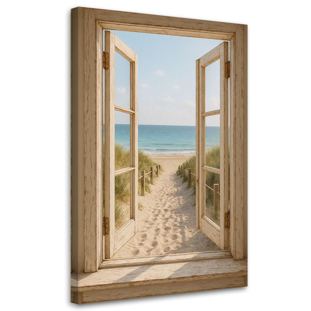 LEINWANDBILD Blick aus einem Fenster auf den Strand 70x100cm - Beige, Textil (70/100cm) - Feeby