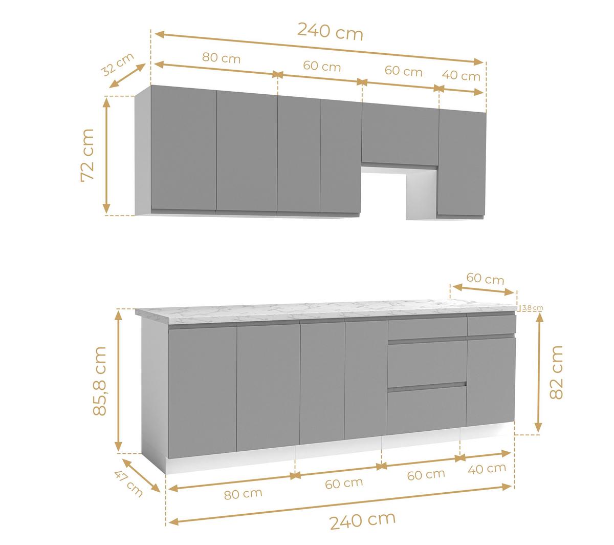 KÜCHENLEERBLOCK Aquileia 240 cm Grau mit Weißem Korpus mit Arbeitsplatte Marmor Bianco - Hellgrau/Grau, Holzwerkstoff (240/157.8/60cm) - AX Living