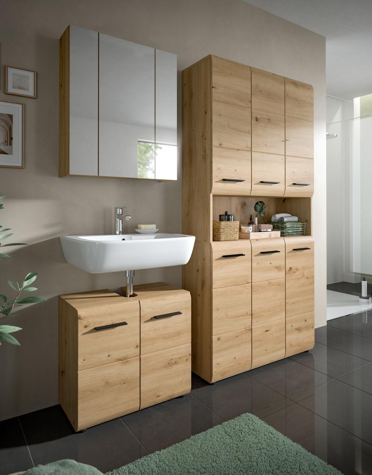 BADMÖBEL-SET in Artisan Eiche, Badezimmer 3-teilig 165 cm mit 6-türigem Hochschrank - Eichefarben/Schwarz, Glas/Holzwerkstoff (165/185/30cm) - Inn.Furn
