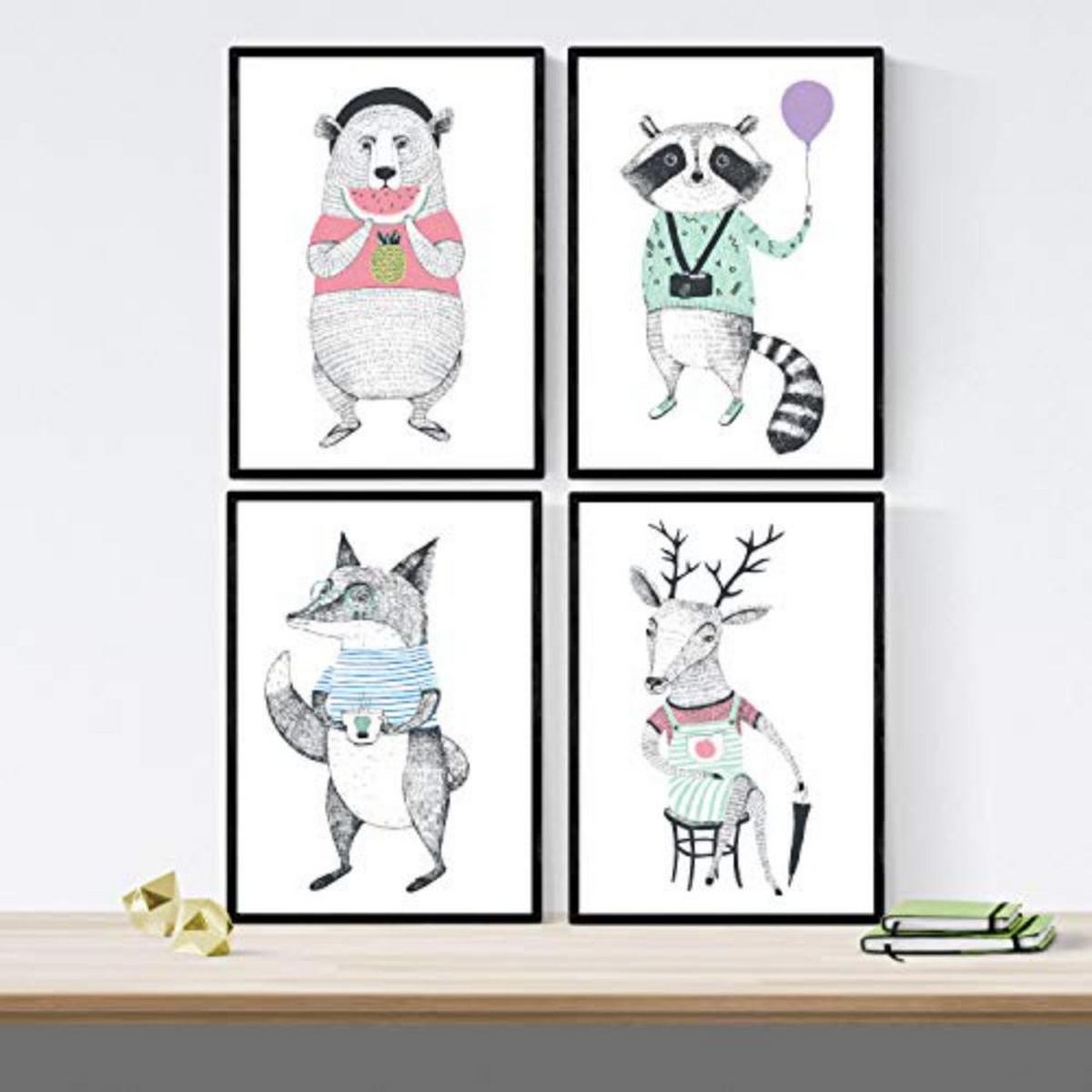 POSTER Set mit 4 Moderne skandinavische Tiere A3 Schwarzer Rahmen - Schwarz, Papier (29.7/3cm) - Nacnic