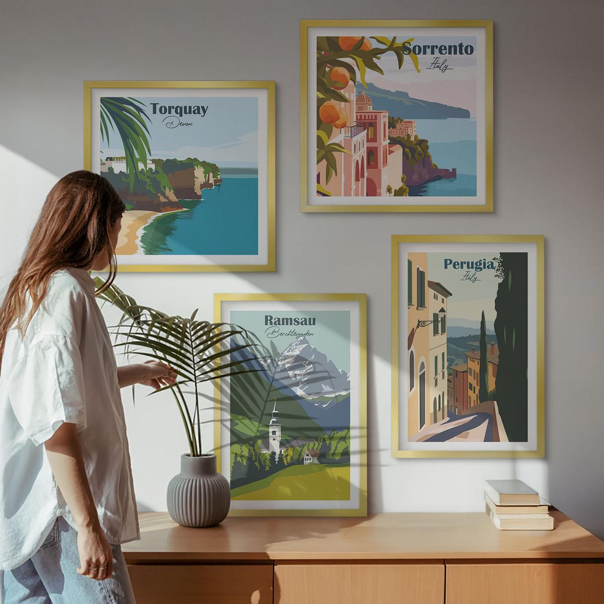 BILDER SET 4er Set - 50x50 cm & 40x60 cm Goldrahmen - Berglandschaften und Städte - Goldfarben, Kunststoff (50/50cm) - TULUP